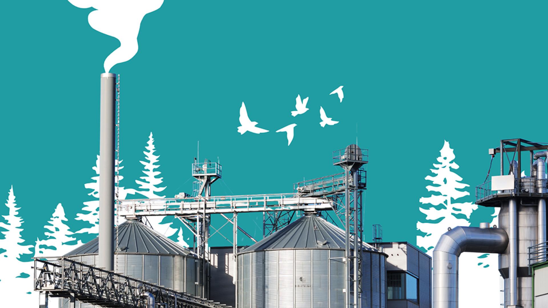 A graphic showing an industrial factory with the white outlines of birds above it and trees in the background